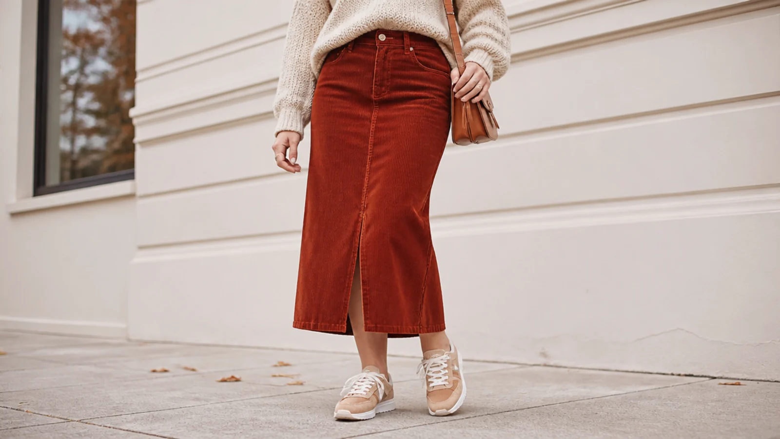 Faceless fall outfit with a rust corduroy midi skirt, a knit and tan suede retro runner sneakers