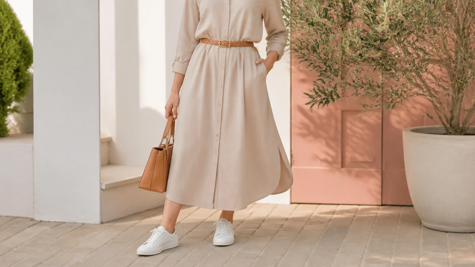 Faceless outfit with a mid-length shirt dress, a belt and low white leather sneakers