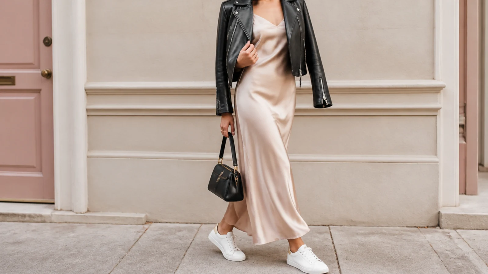 Faceless outfit with a satin slip dress, a black leather jacket and low white leather sneakers