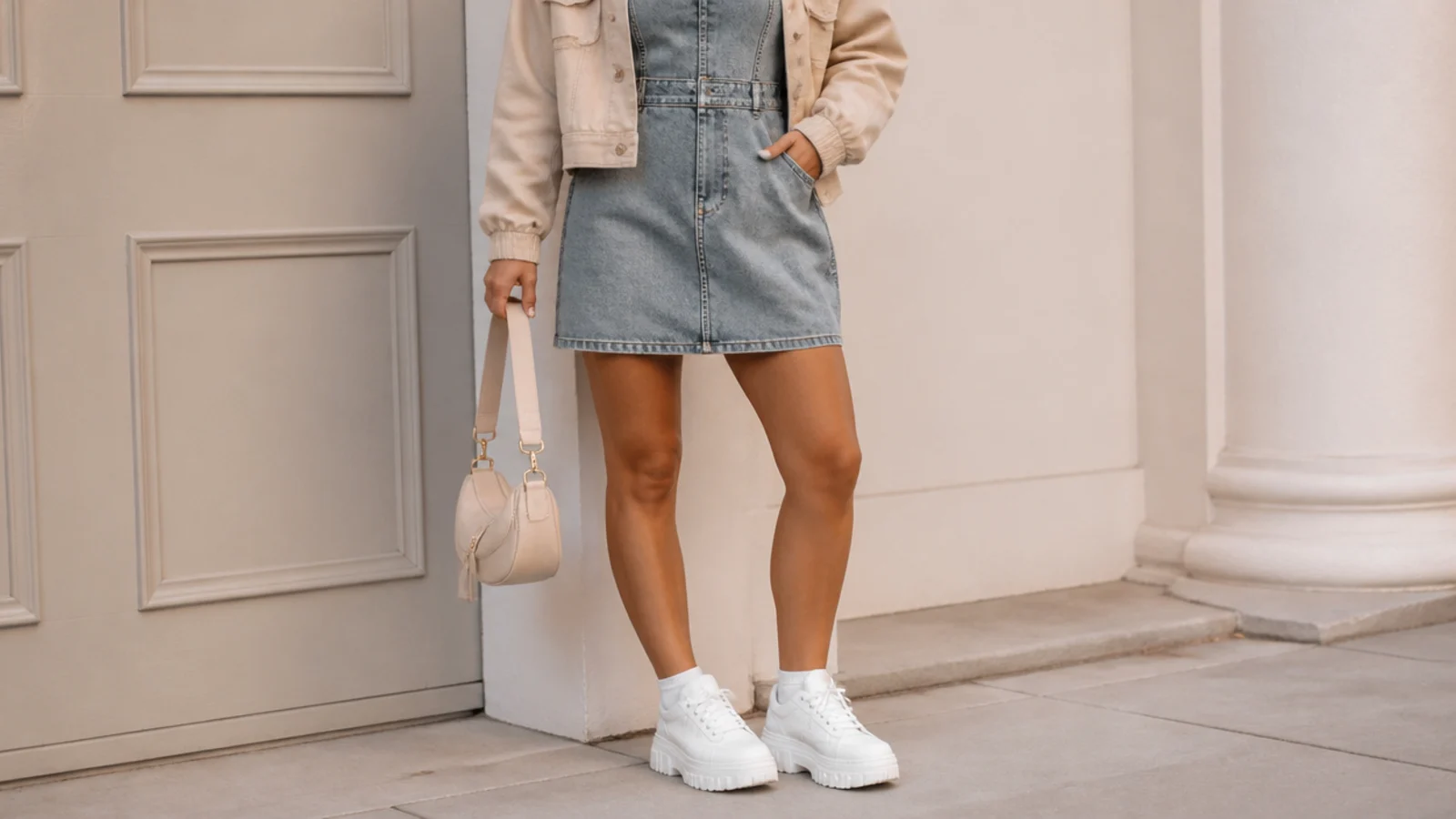 Faceless outfit with a denim mini dress, a cropped jacket and chunky white platform sneakers