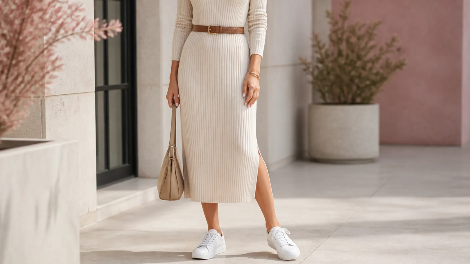 Faceless fall outfit with a ribbed midi sweater dress, a belt and low white leather sneakers