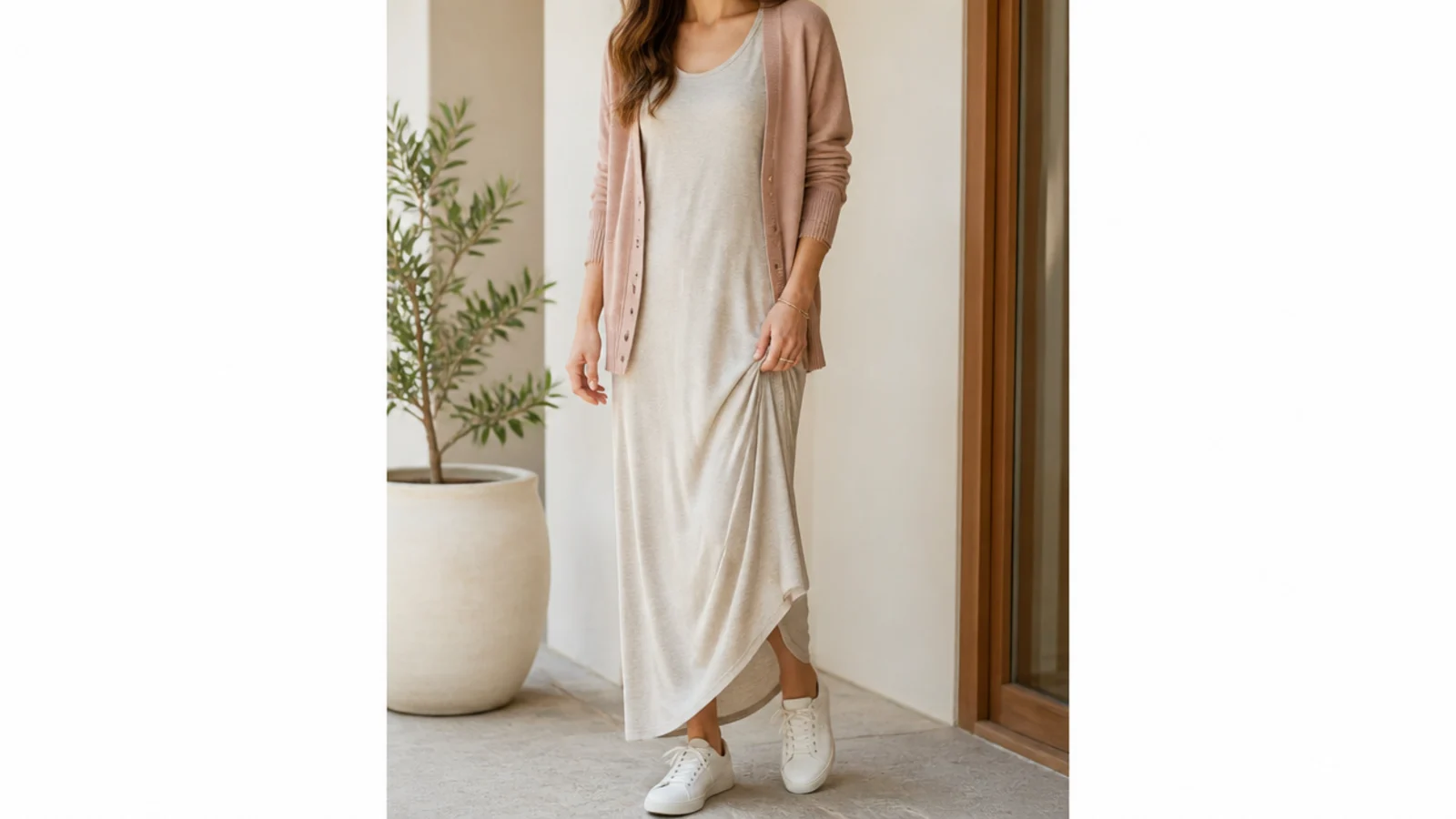 Faceless outfit with a flowing jersey maxi dress, a cardigan and low white leather sneakers