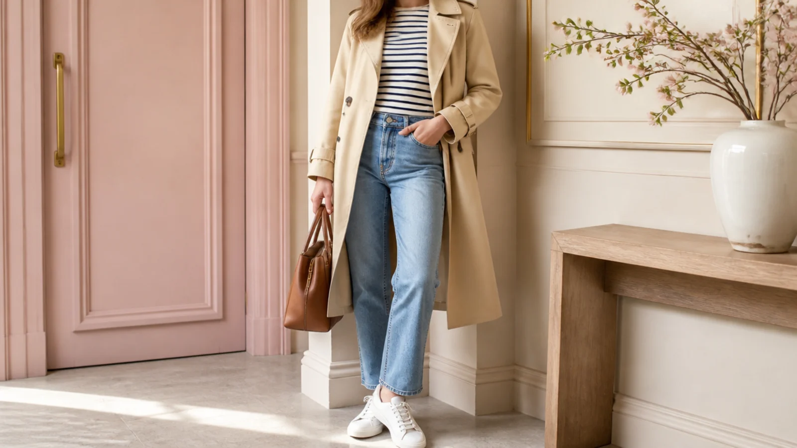 Faceless outfit with a classic beige trench coat, straight-leg jeans and low white leather sneakers