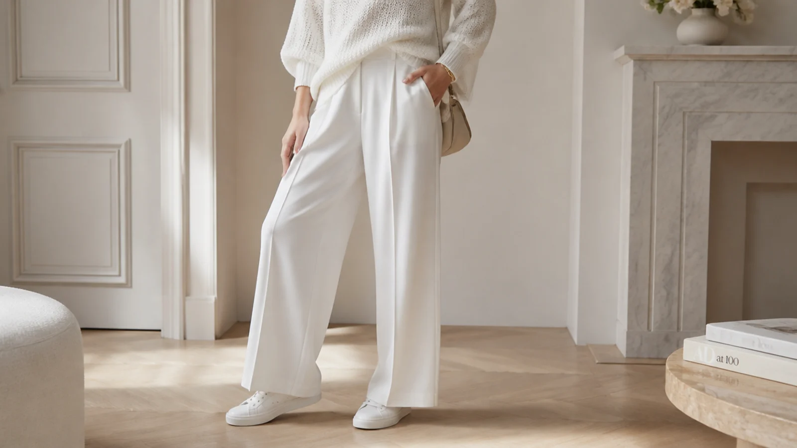 Faceless tonal white outfit with white wide-leg trousers, a white knit and white leather sneakers