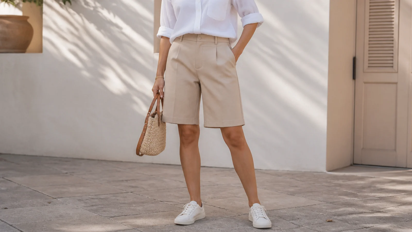 Faceless summer outfit with tailored bermuda shorts, a crisp white button-down and low white leather sneakers