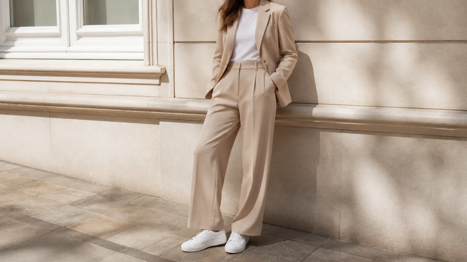 Faceless 2026 outfit with a low clean white leather sneaker and a tonal tailored look