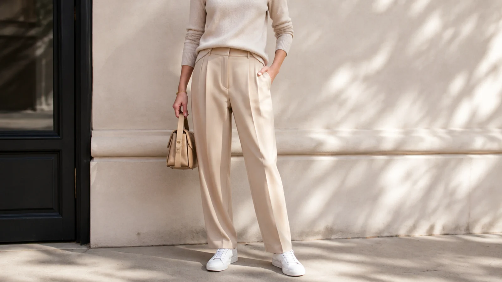 Faceless elevated outfit with tailored pleated trousers, a fine knit and a low white leather sneaker