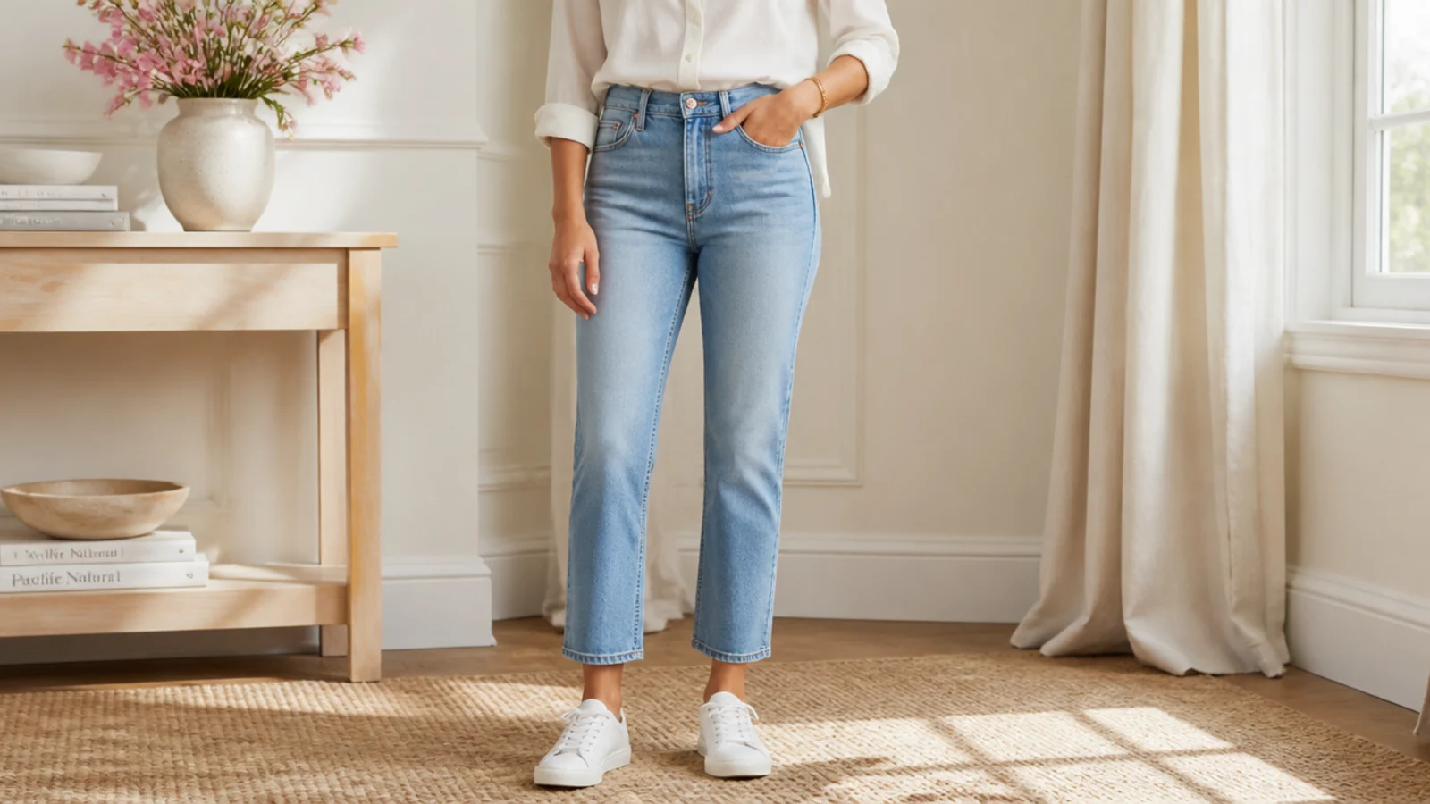 Faceless outfit showing a cropped straight-leg jean breaking cleanly above a low white leather sneaker