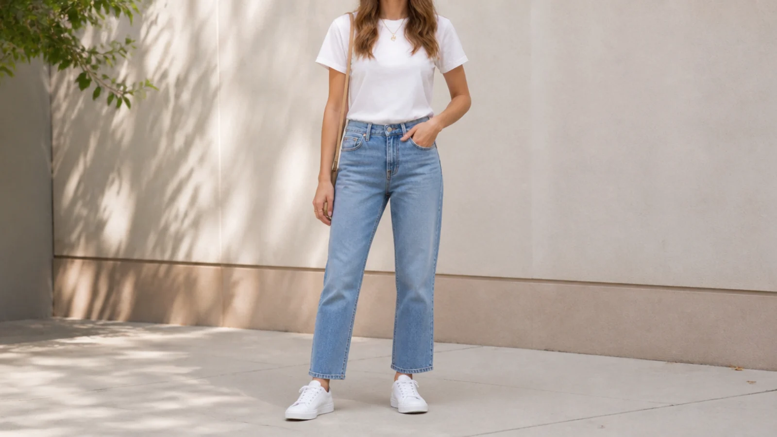 Faceless sneaker outfit with straight-leg jeans, a white tee and low-profile white leather sneakers