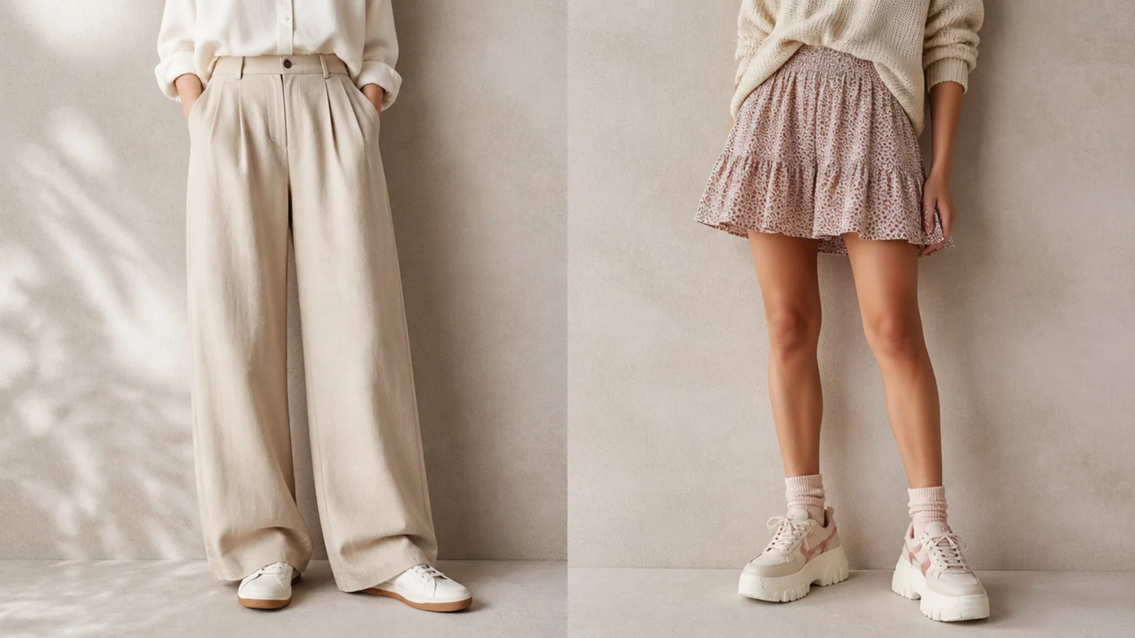 Faceless flat-lay pairing a low leather sneaker with long trousers and a chunky platform sneaker with a mini skirt