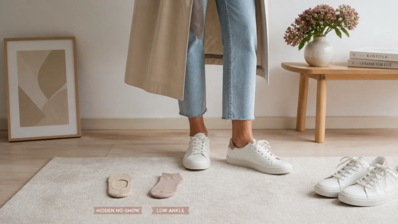 Faceless flat-lay comparing a hidden no-show sock and a low ankle sock beside white leather sneakers