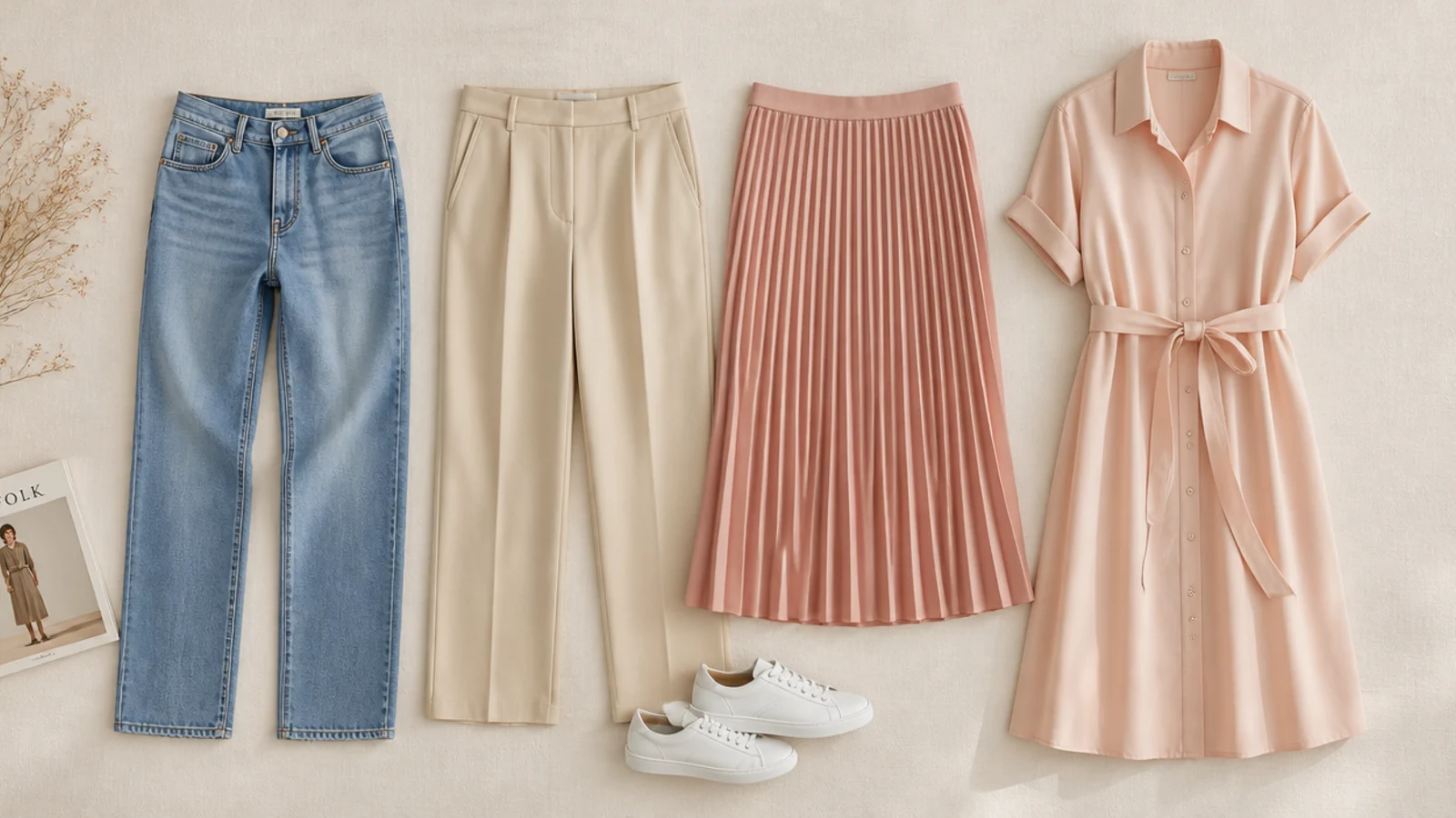Faceless flat-lay of straight-leg jeans, tailored trousers, a pleated midi skirt and a shirt dress beside low white leather sneakers