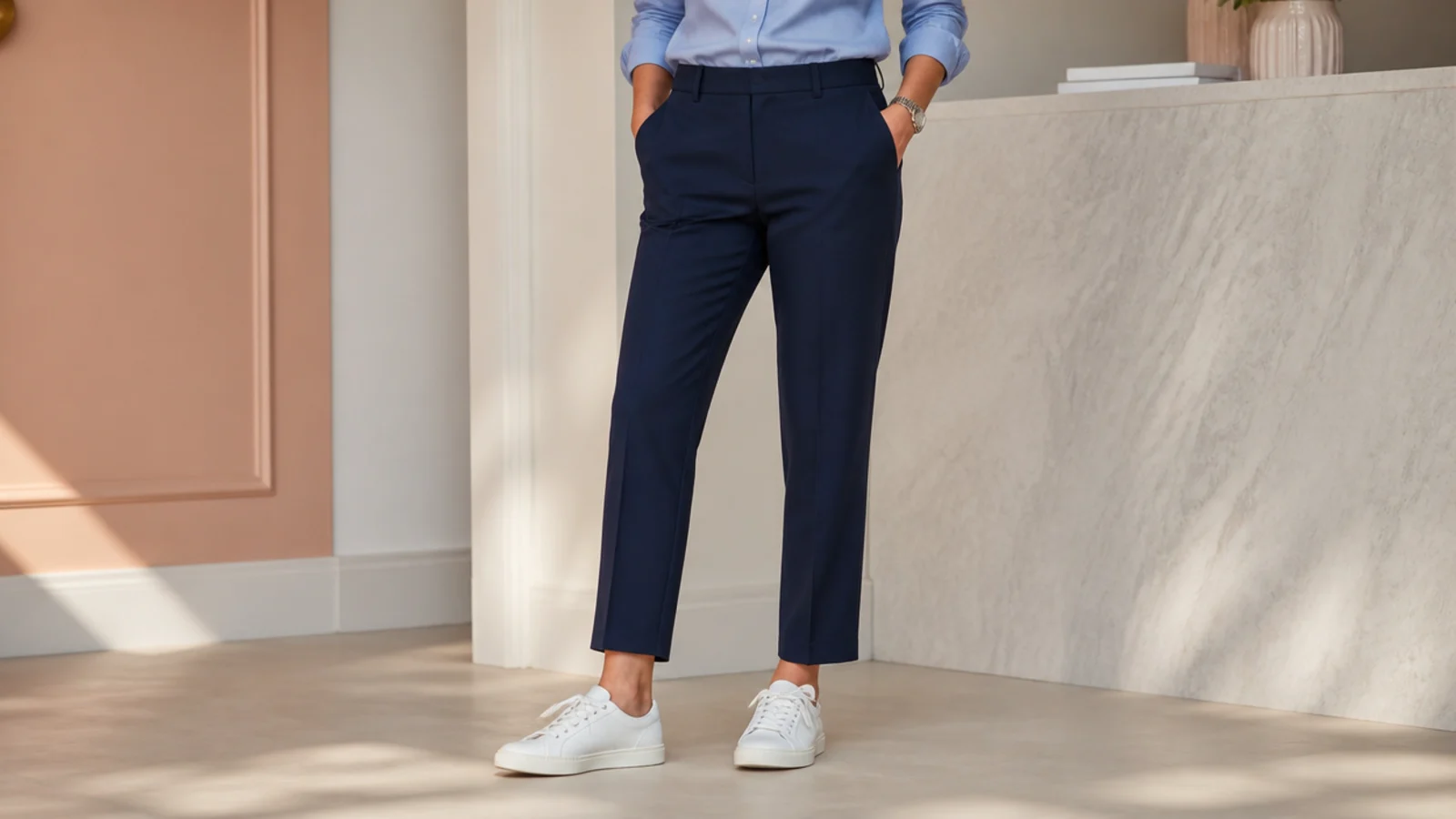 Faceless waist-down office outfit with tailored navy trousers cropped at the ankle and low white leather sneakers