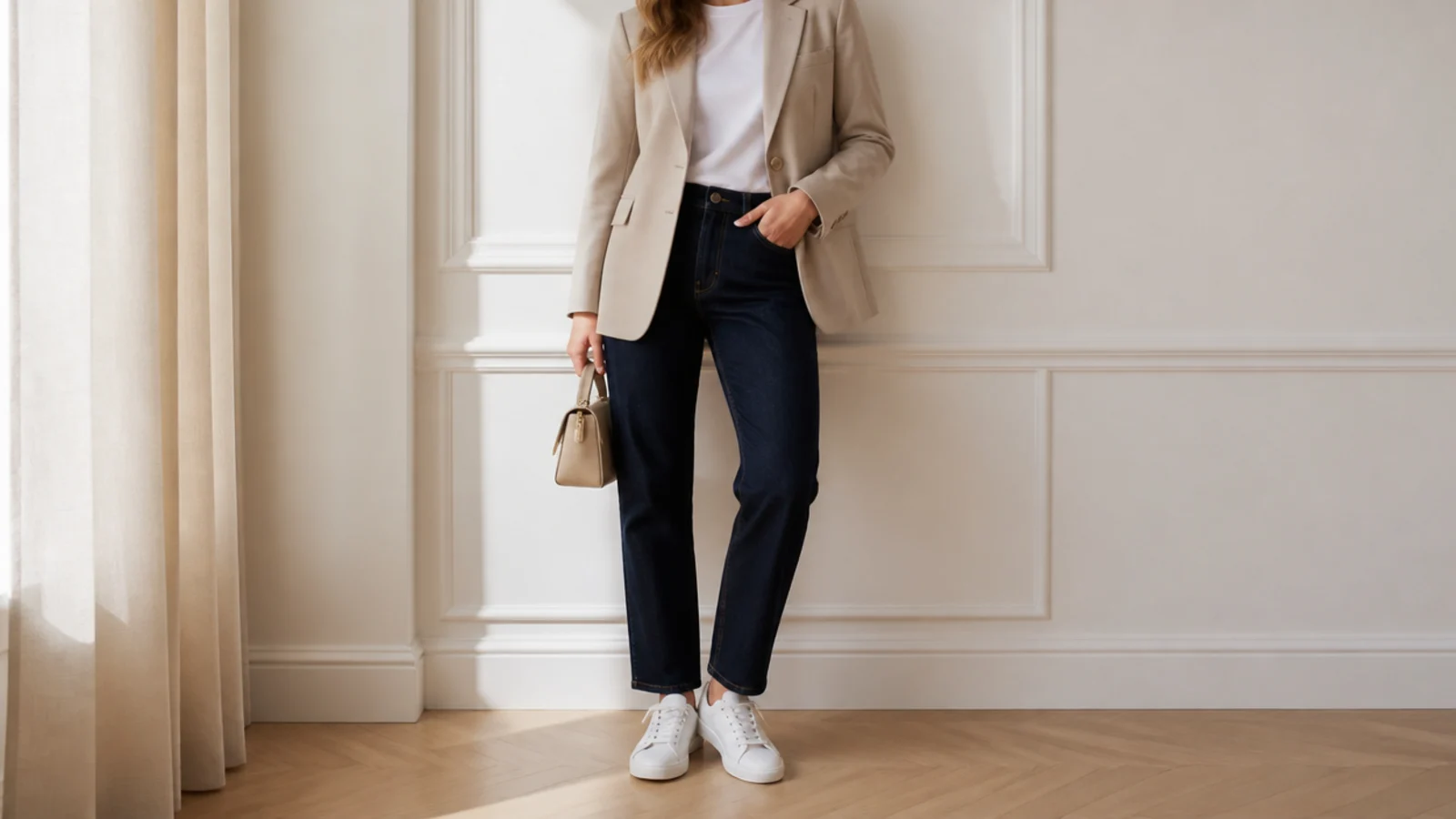 Faceless outfit with a structured blazer, dark straight-leg jeans and clean white leather sneakers