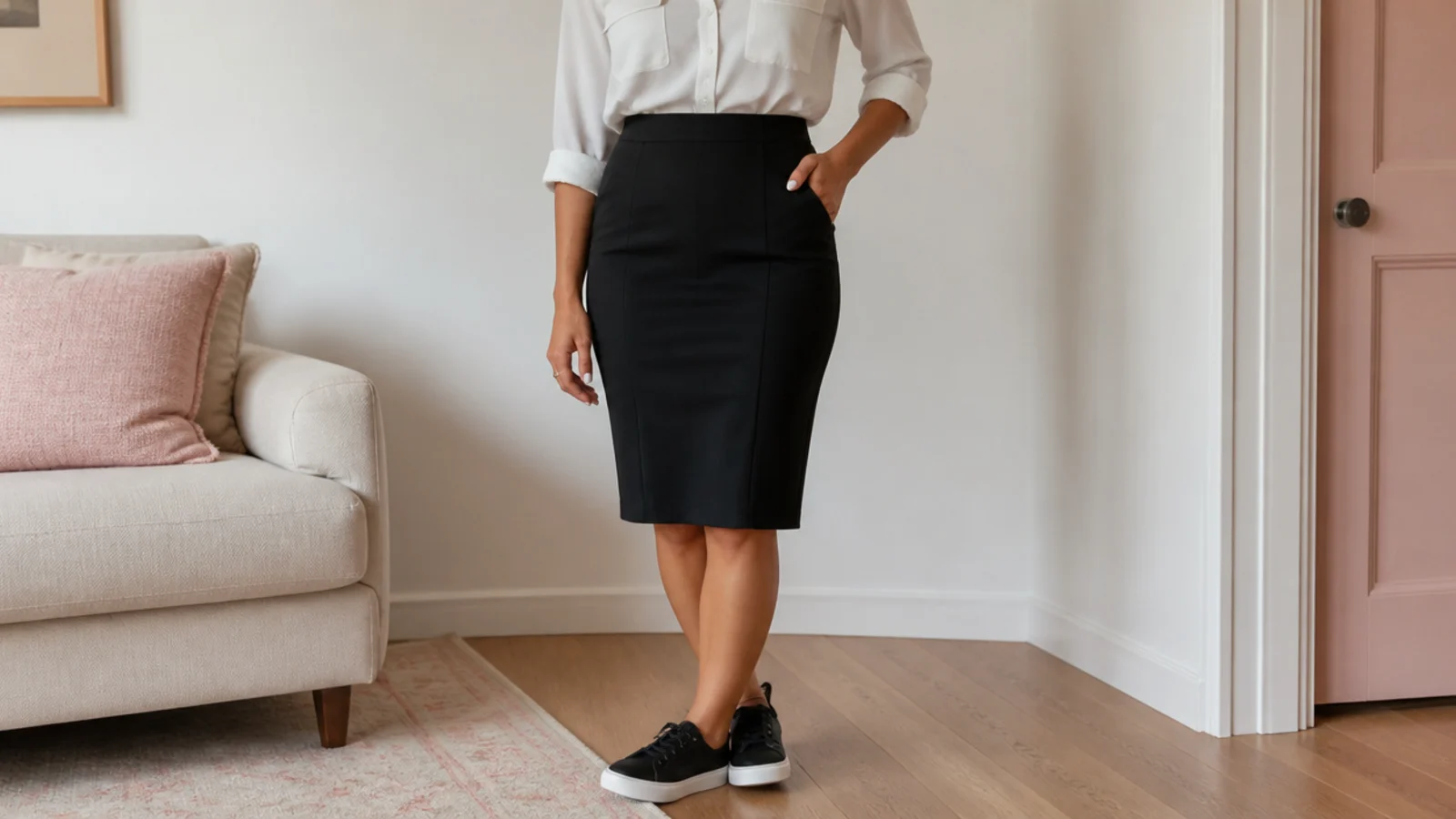 Faceless outfit with a knee-length black pencil skirt and low black leather sneakers
