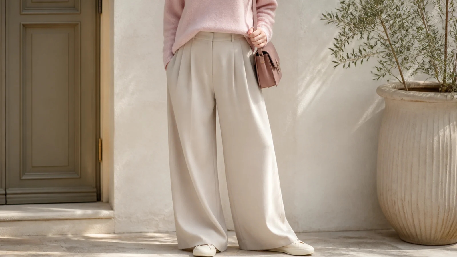 Faceless outfit with flowing wide-leg trousers and low cream leather sneakers just visible at the hem