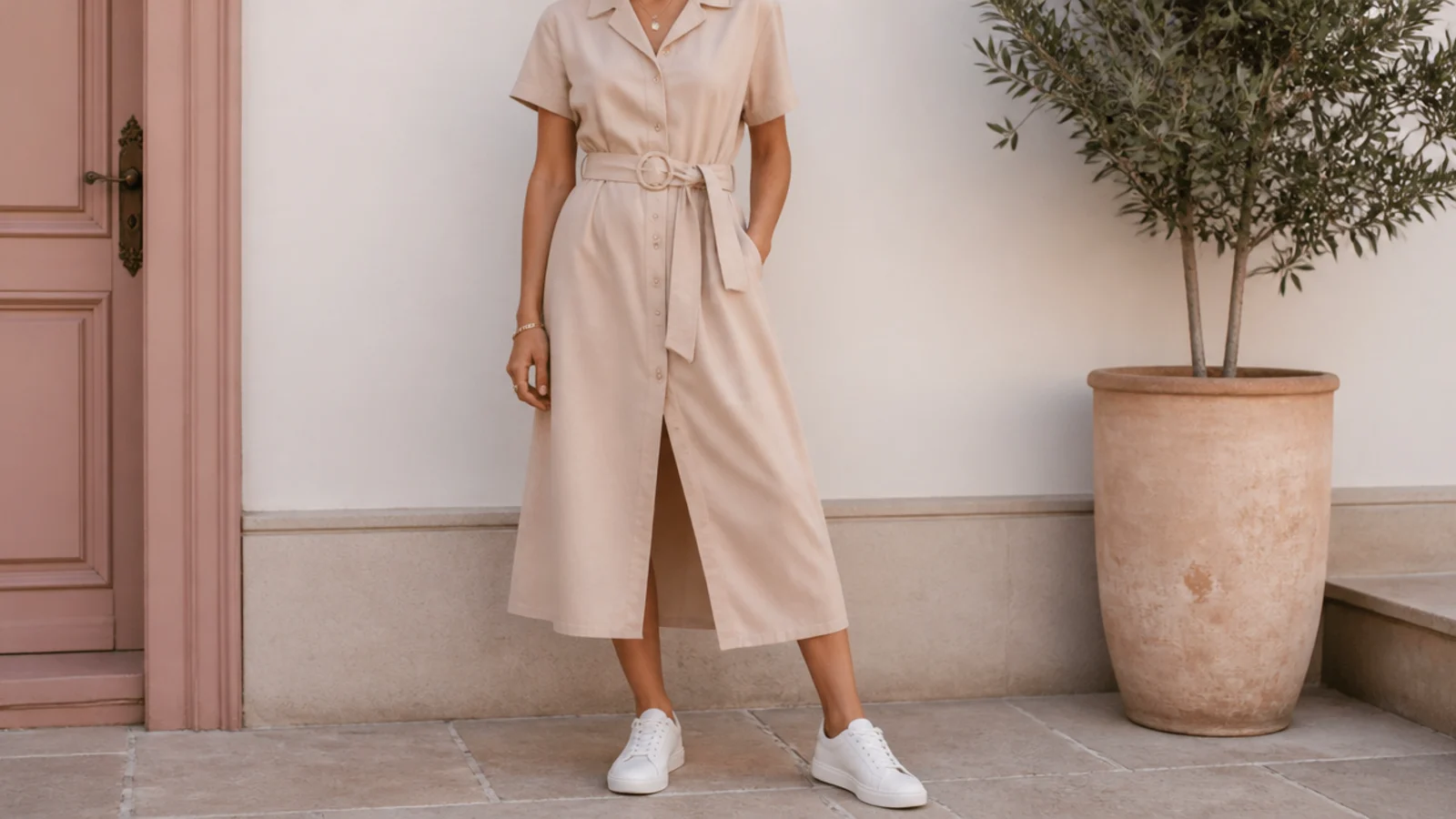 Faceless outfit with a collared midi shirt dress belted at the waist and low white leather sneakers