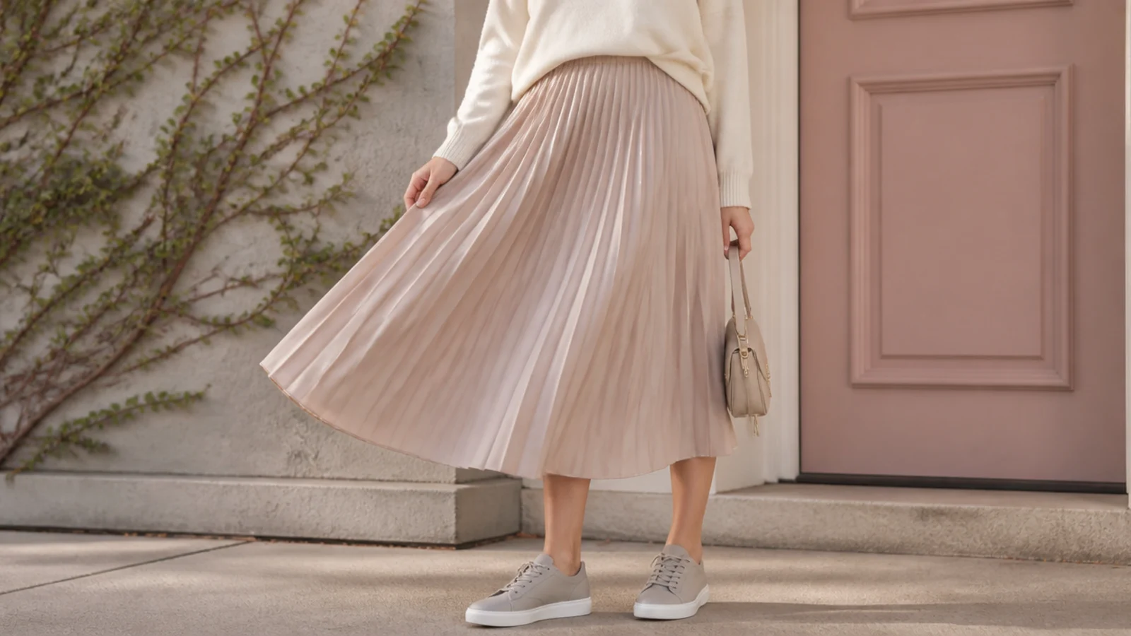 Faceless outfit with a pleated midi skirt and low gray leather sneakers