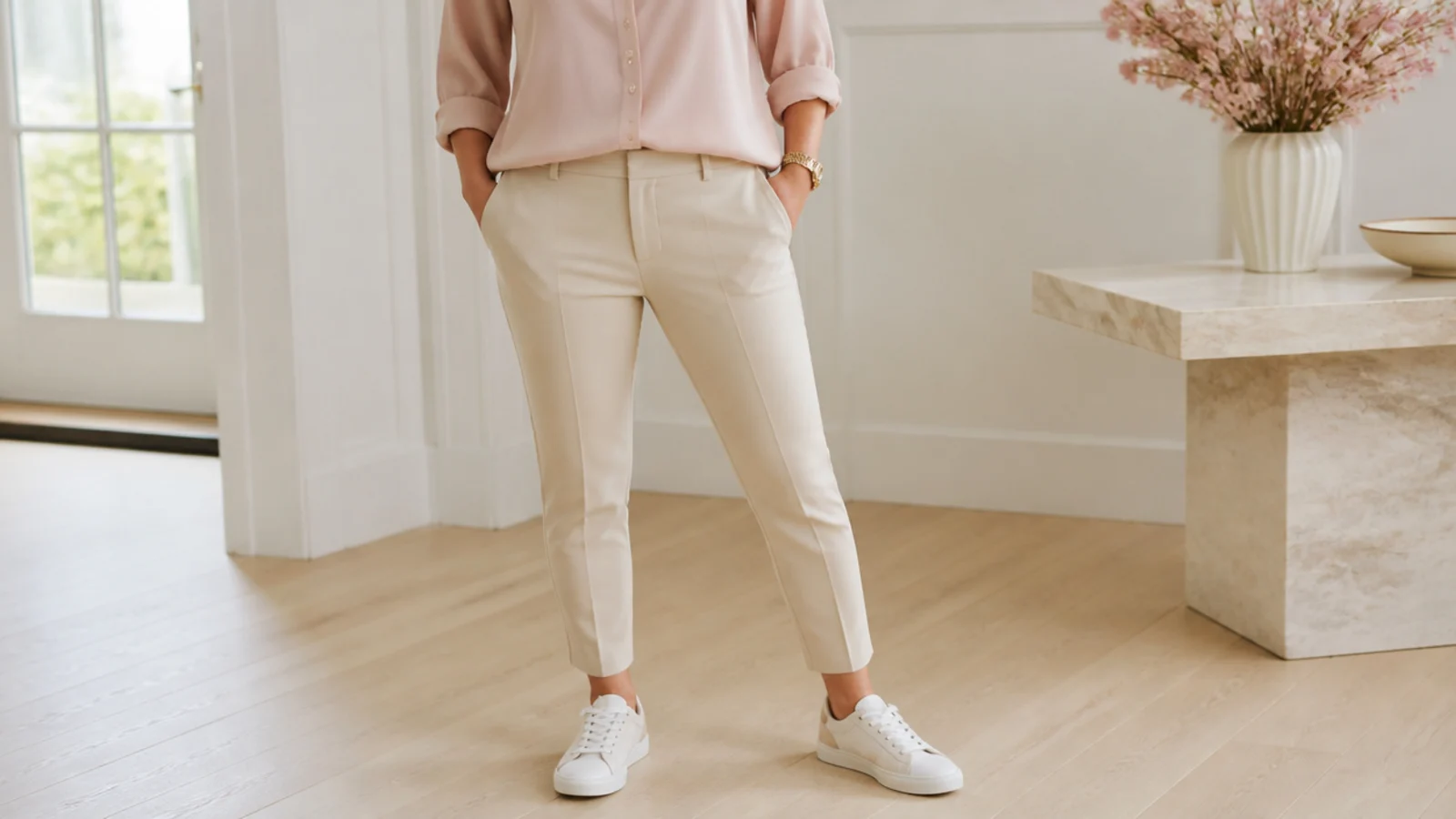 Faceless outfit with slim cropped cigarette pants ending at the ankle and low white leather sneakers