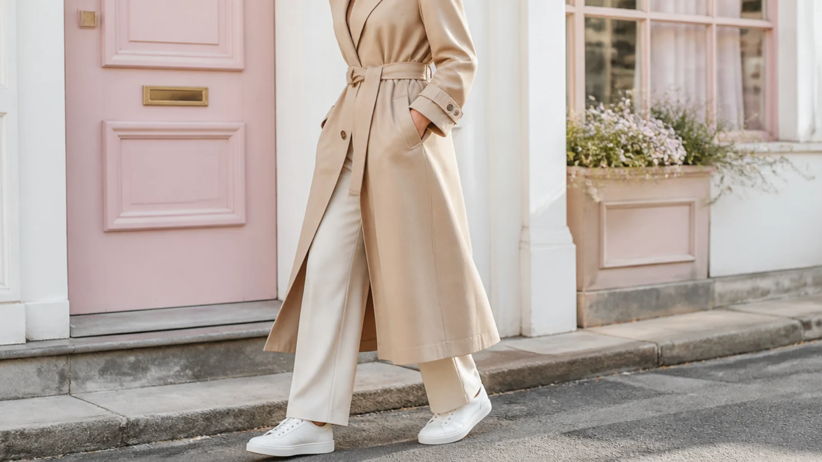 Faceless outfit with a belted beige trench coat over trousers and low white leather sneakers