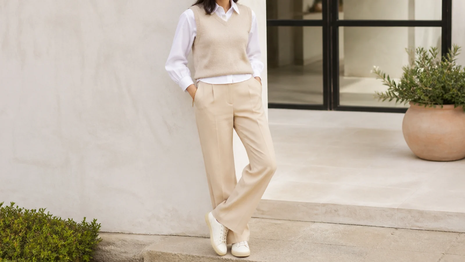 Faceless outfit with a fitted knit vest over a collared shirt, tailored trousers and low cream sneakers