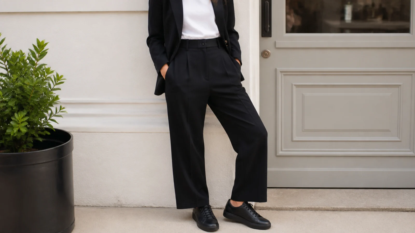 Faceless outfit with a matching black trouser suit and low black leather sneakers