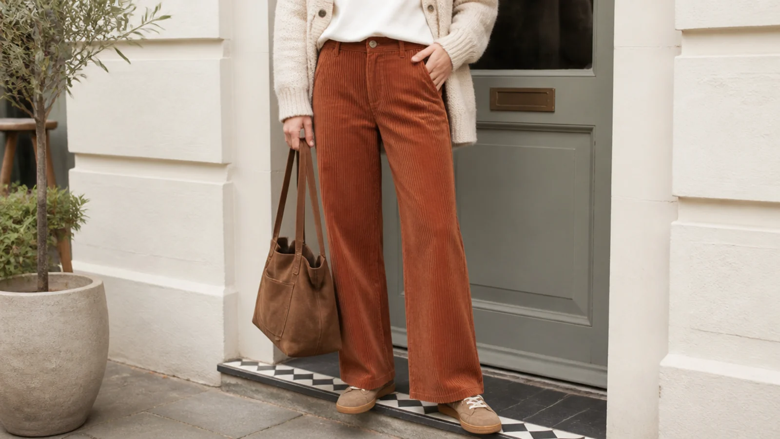 Faceless fall outfit with wide-wale corduroy trousers in rust and low suede sneakers