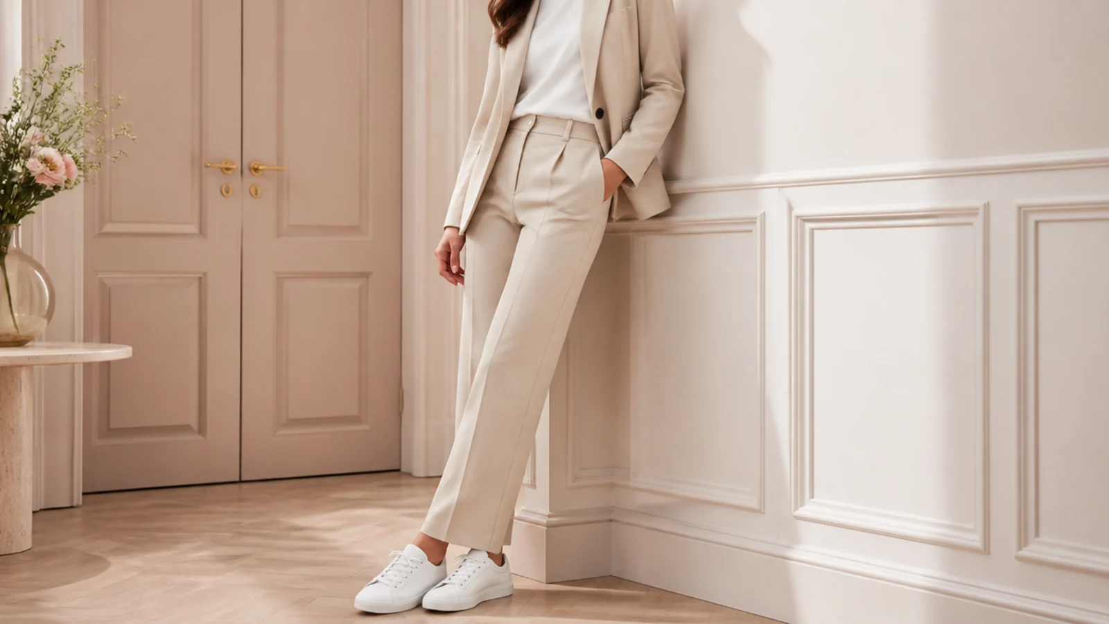 Faceless office outfit pairing a low white leather sneaker with tailored trousers and a blazer