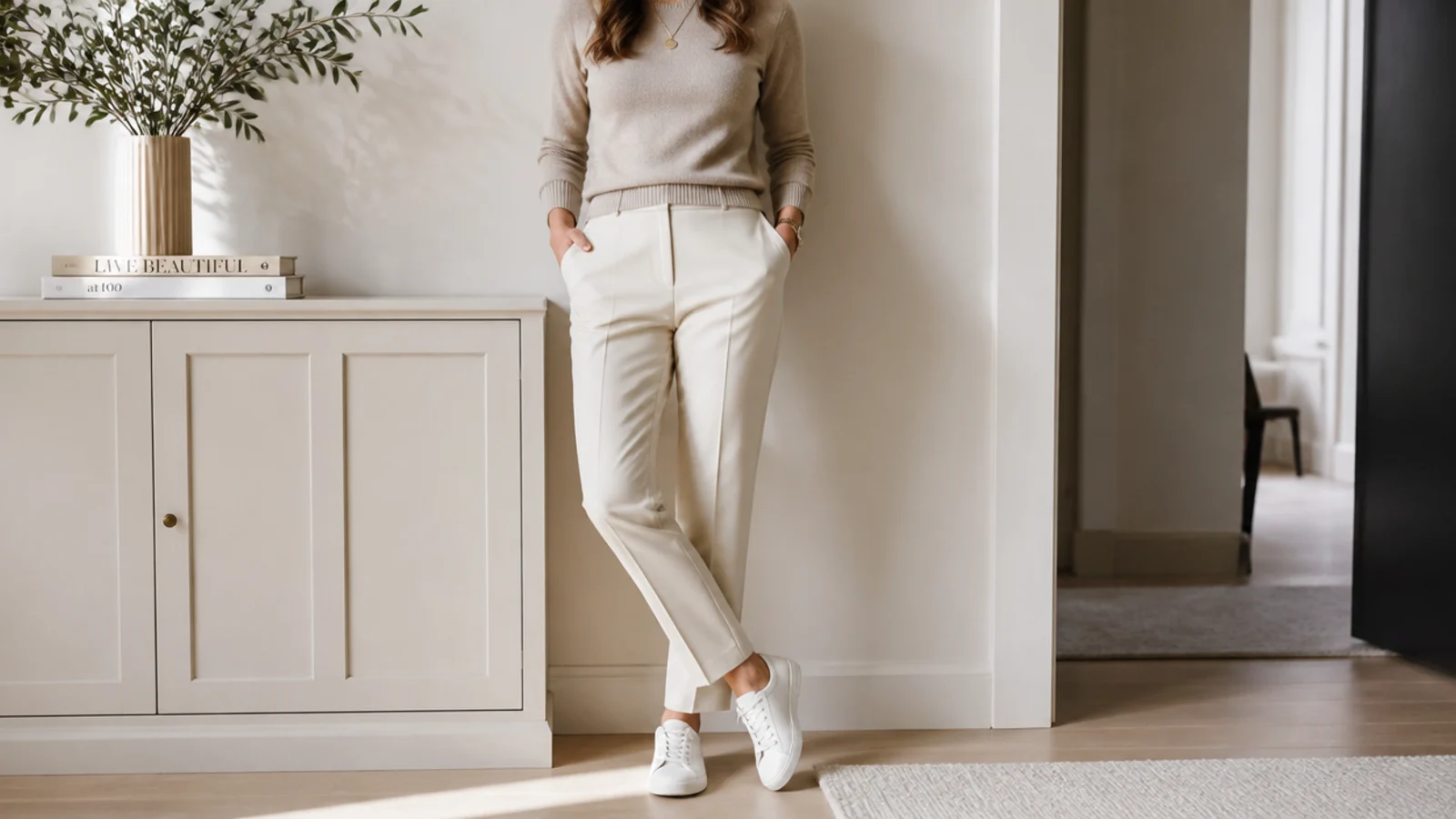 Faceless polished office outfit with tailored trousers, a fine knit and a spotless low leather sneaker