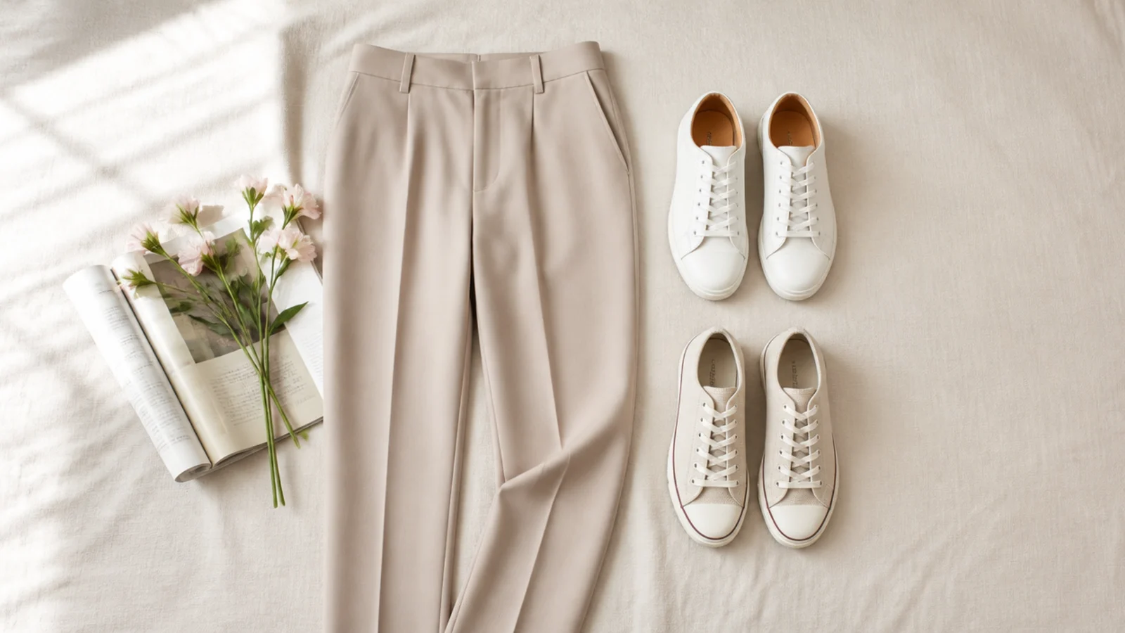 Faceless flat-lay comparing a smooth white leather sneaker and a canvas sneaker beside tailored trousers