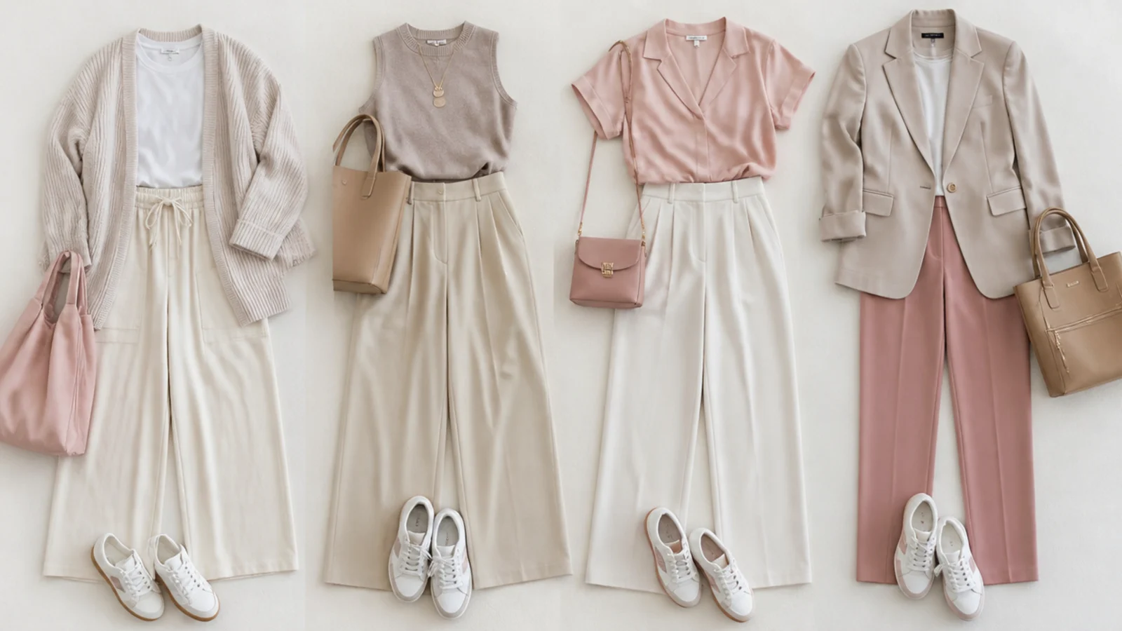 Faceless flat-lay showing four office sneaker looks from relaxed creative to client-facing