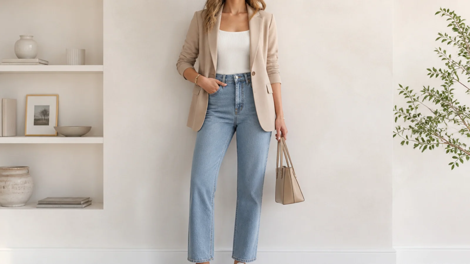 Faceless business casual outfit with a blazer, straight-leg jeans and clean white leather sneakers