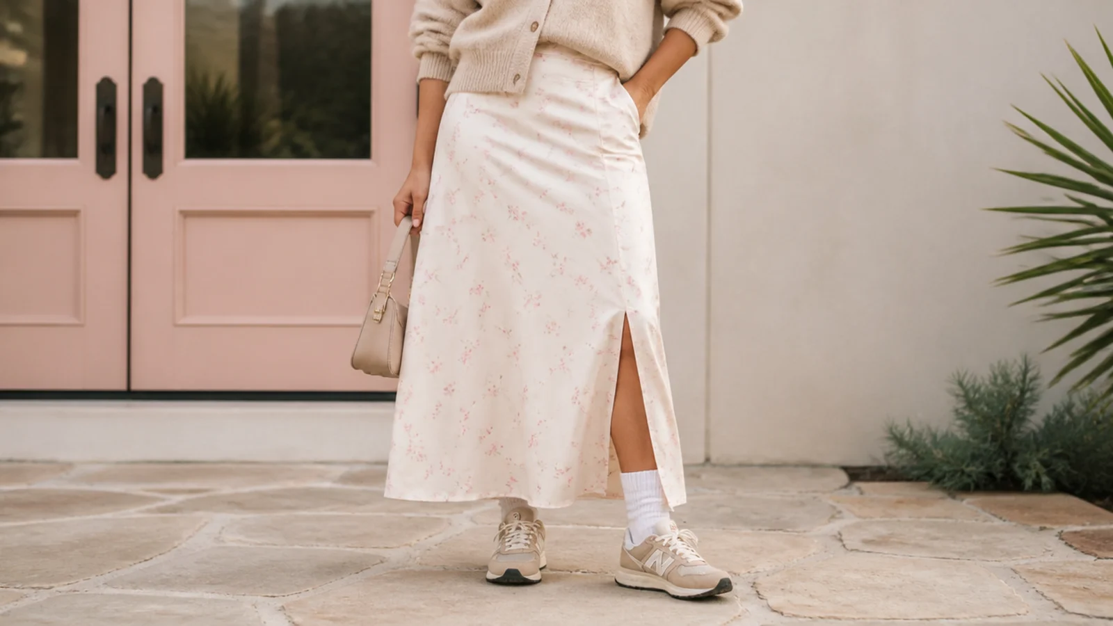Faceless outfit showing a thick ribbed white sport sock riding up out of a sneaker under a skirt