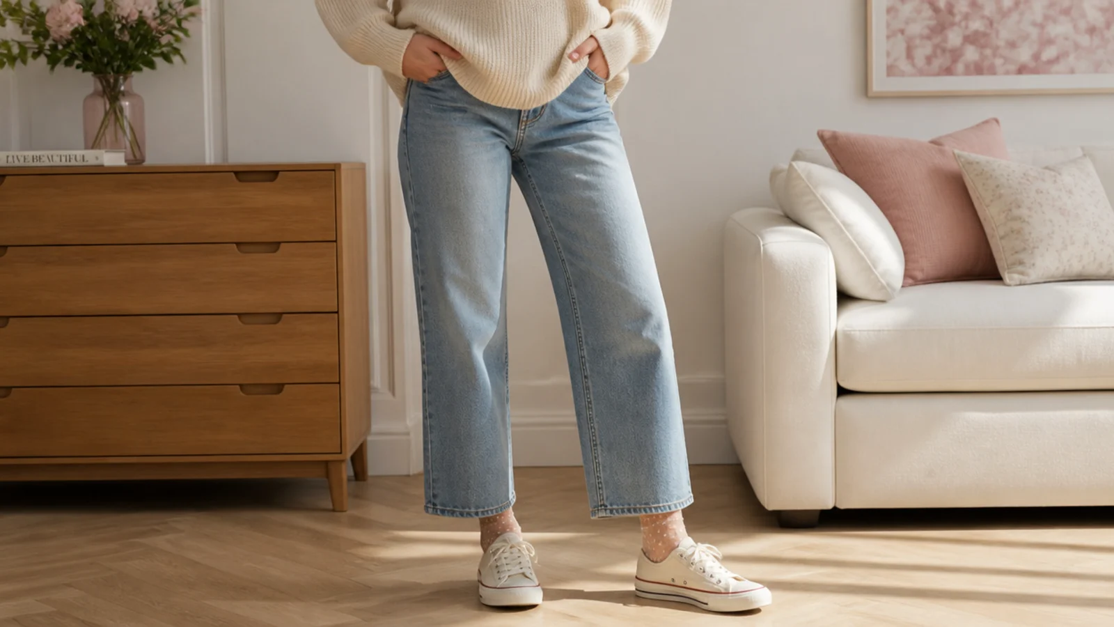 Faceless outfit showing a thin sheer dress sock looking out of place at the ankle of a canvas sneaker