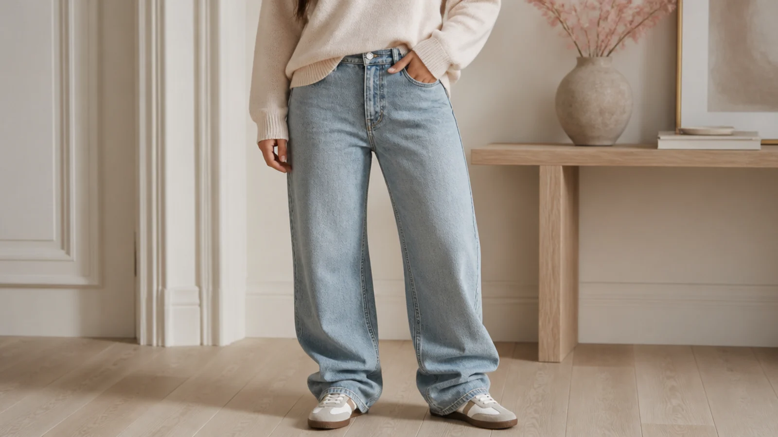Faceless outfit showing a too-long straight-leg jean bunching and pooling over the top of a low sneaker