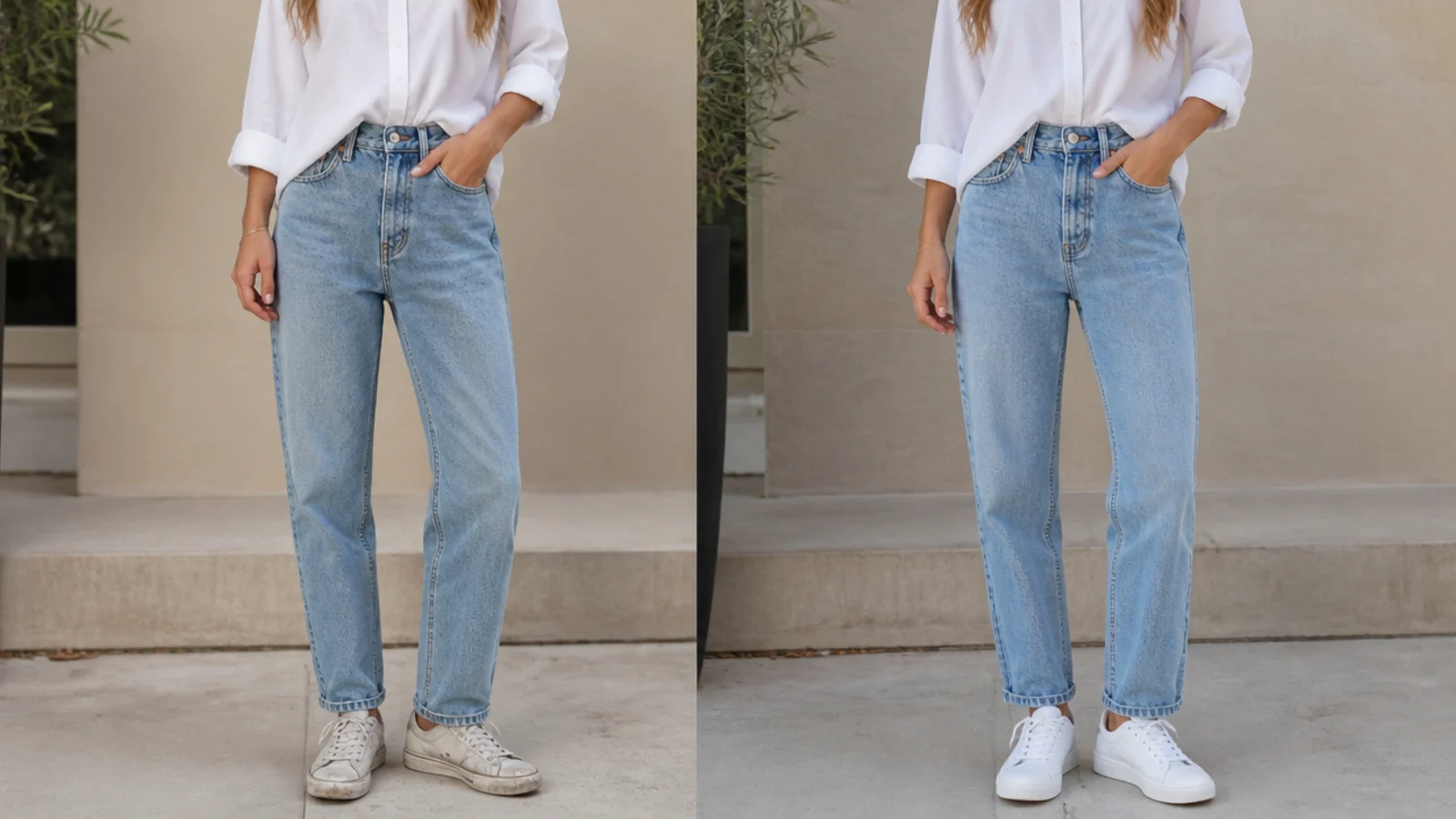 Faceless close outfit shot contrasting a grayed scuffed white sneaker with a crisp clean white leather pair