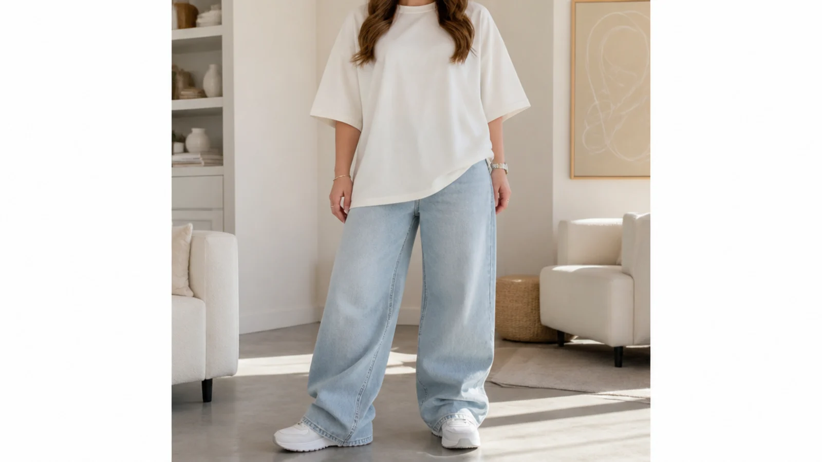 Faceless outfit showing an untucked oversized tee over baggy jeans and sneakers reading shapeless and boxy
