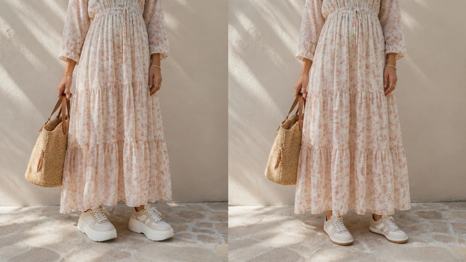 Faceless comparison of a bulky platform sneaker under a soft maxi dress next to a low narrow sneaker under the same dress