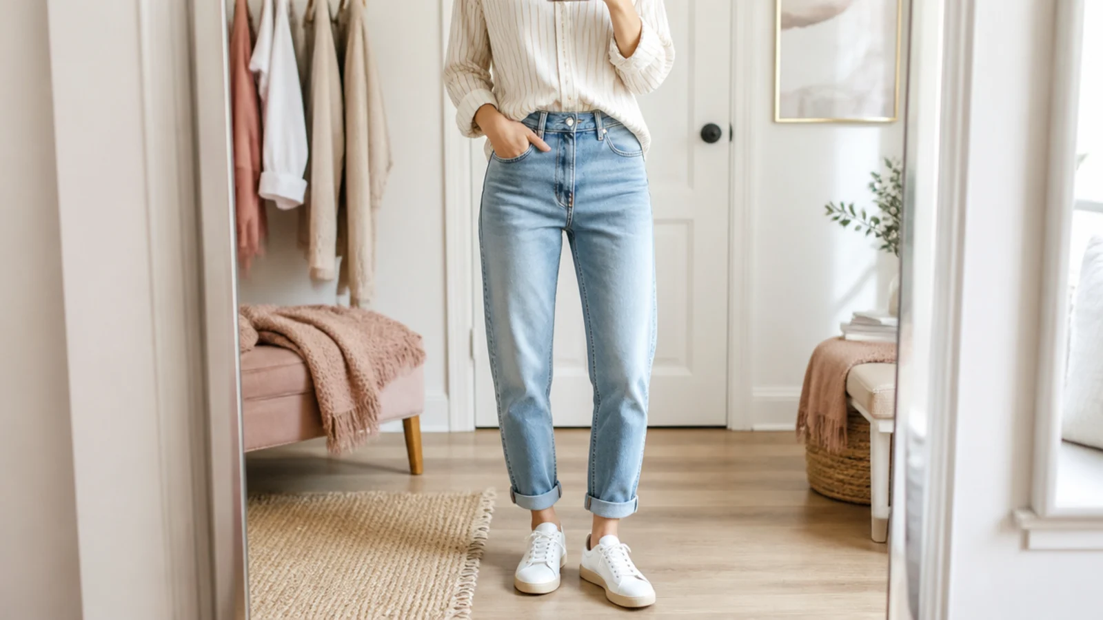 Faceless mirror-check outfit showing a low leather sneaker, a cuffed jean, a front tuck and a hidden sock all corrected