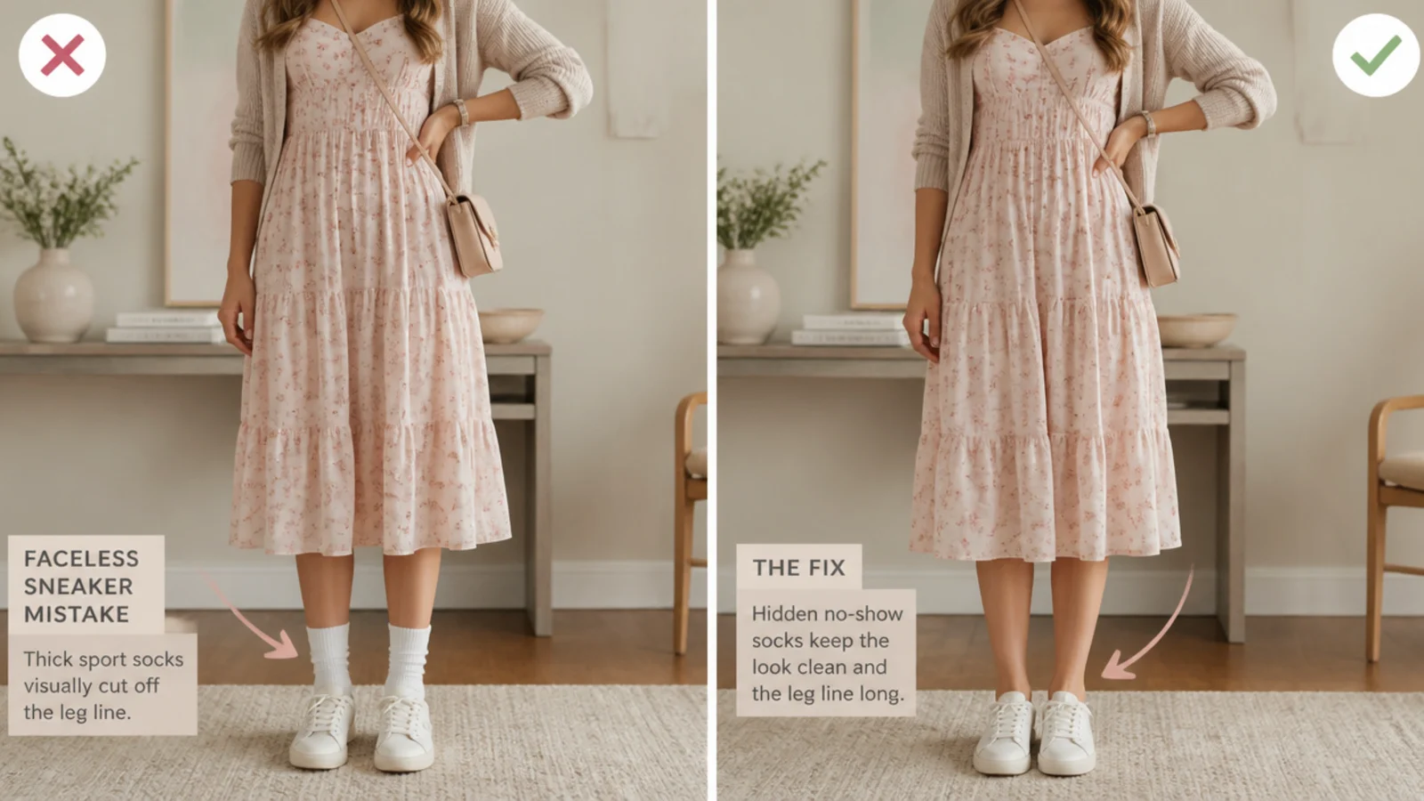 Faceless sneaker styling mistake and fix with a thick white sport sock and a corrected hidden no-show sock under a dress