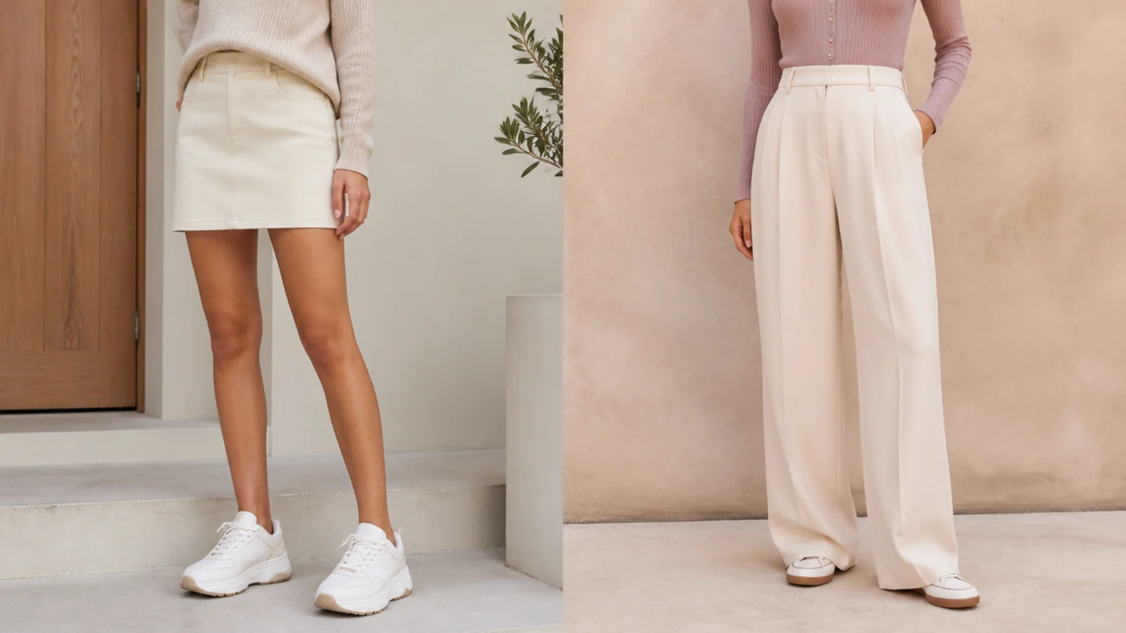 Faceless side-by-side of a chunky sneaker grounding a mini skirt and a low leather sneaker disappearing under long trousers