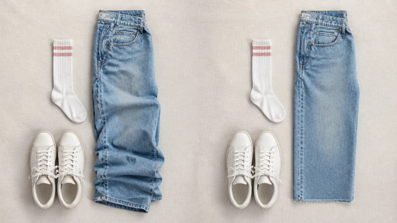 Faceless flat-lay grouping a thick sport sock, a scuffed white sneaker and a too-long jean beside their corrected versions