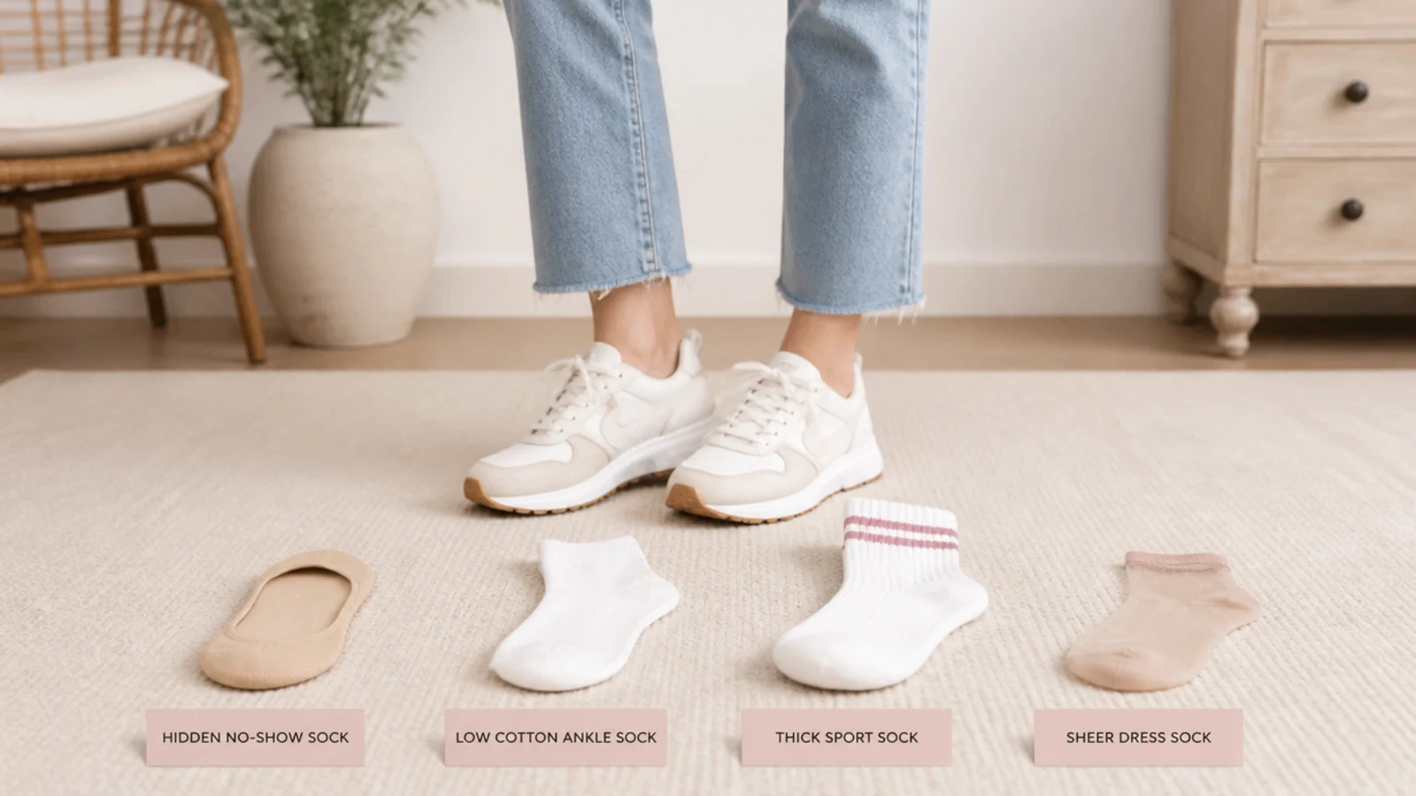 Faceless flat-lay comparing a hidden no-show sock, a low cotton ankle sock, a thick sport sock and a sheer dress sock beside sneakers