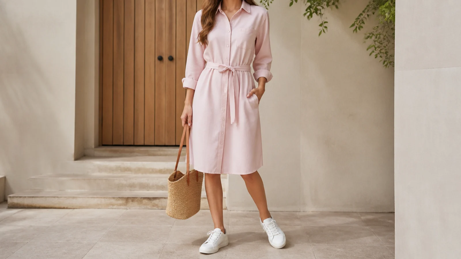 Faceless full-length shot of a knee-length cotton shirt dress with clean white leather sneakers