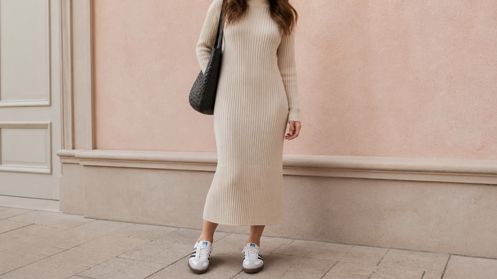 Faceless full-length shot of a ribbed midi sweater dress with black and white Samba sneakers