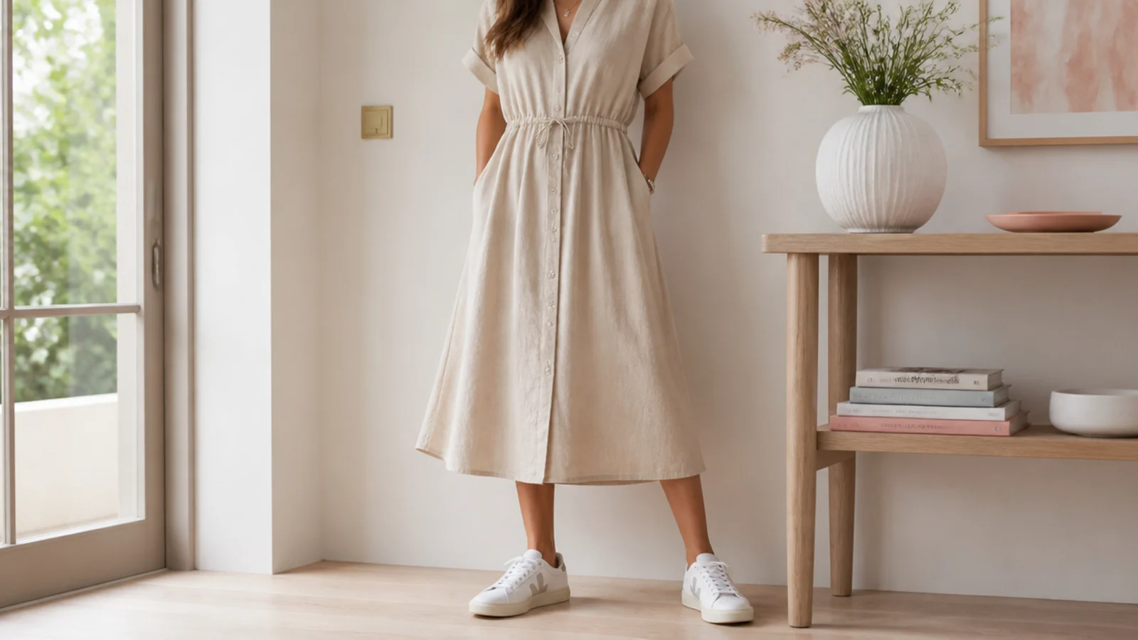 Faceless full-length shot of a linen button-front midi dress with white Veja V-10 sneakers