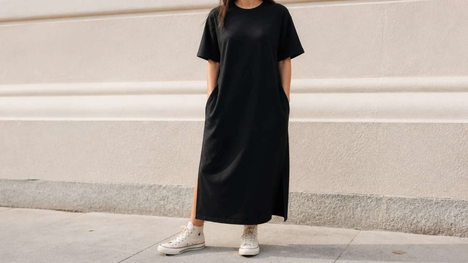 Faceless full-length shot of a black cotton t-shirt dress with off-white Converse Chuck 70 sneakers