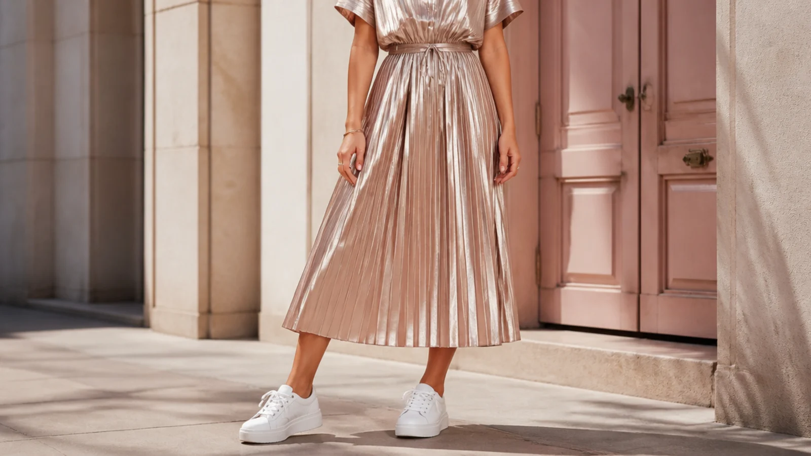 Faceless full-length shot of a metallic pleated midi dress with white platform sneakers