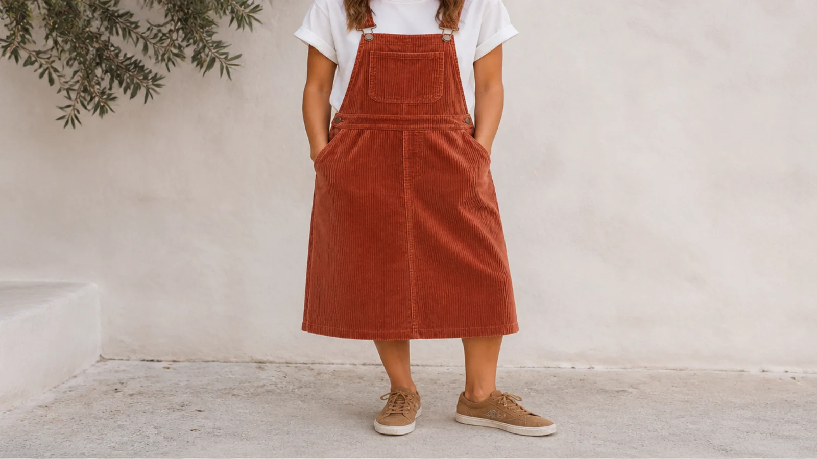 Faceless full-length shot of a rust corduroy pinafore dress over a tee with tan suede sneakers