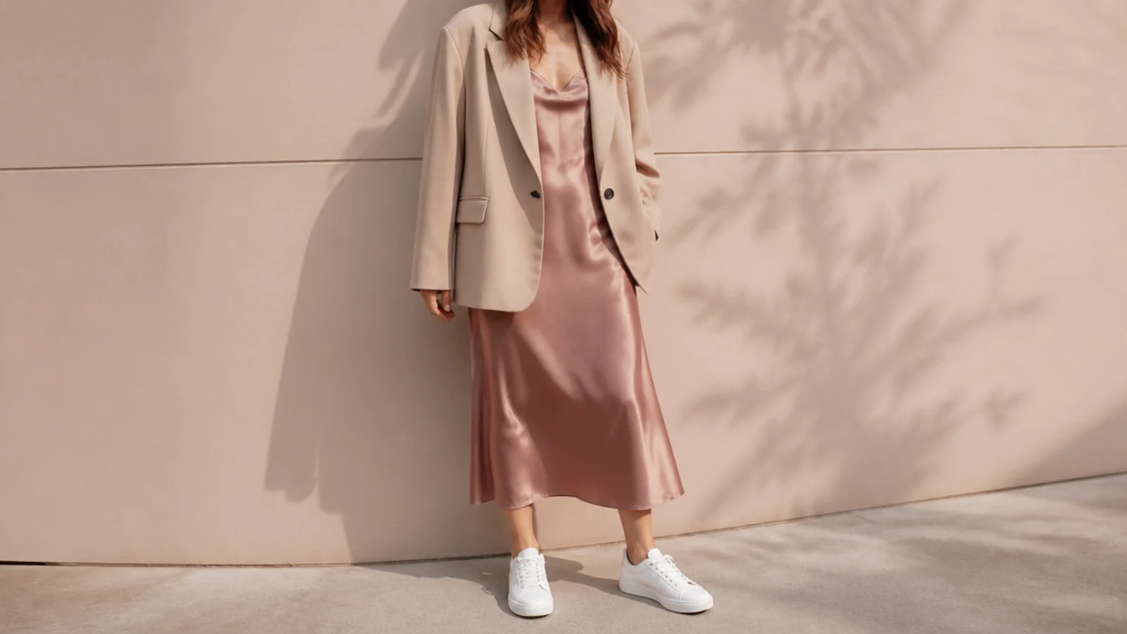 Faceless full-length shot of a satin slip midi dress with an oversized blazer and clean white sneakers